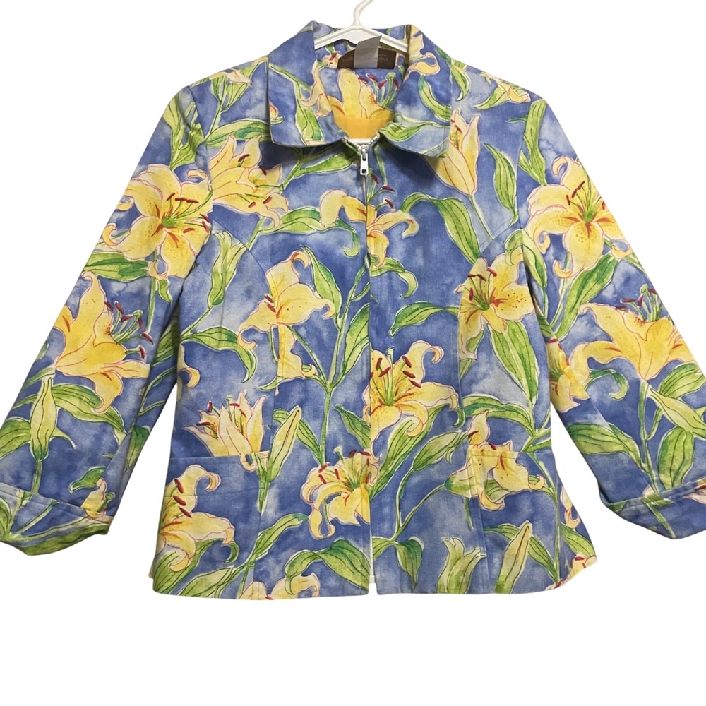 Painted Pony Women's Medium Floral Lily Jacket Zip Front Unique USA Blue Yellow